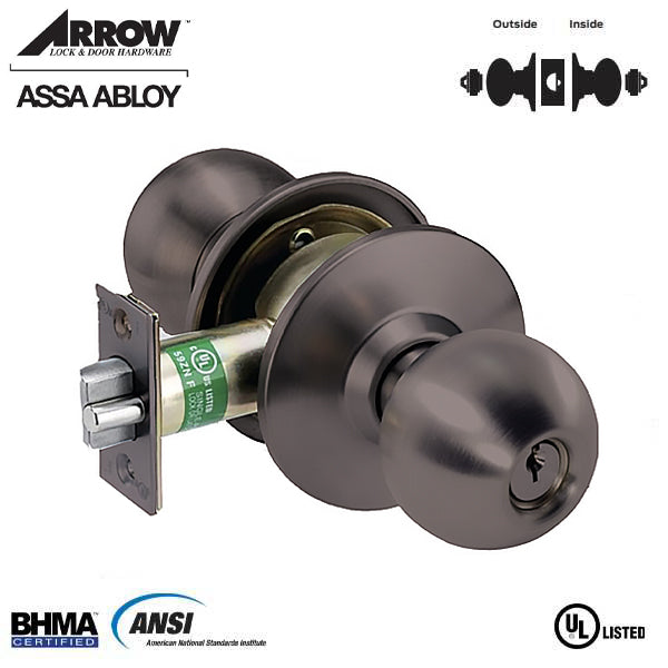 Arrow - MK33BD - Commercial Knobset - 2-3/8” Standard Backset - Oil Rubbed Bronze  - Asylum / Institution - Grade 2 - UHS Hardware