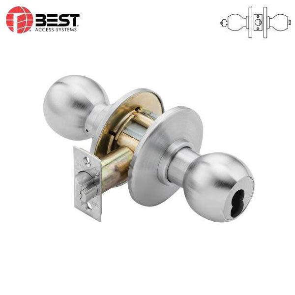 BEST - 8K37AB4CSTK626 - Cylindrical Lock - Entrance - 2-3/4" Backset - Knob - C-Rose - SFIC Less Core - Fire Rated - Satin Chrome - Grade 1 - UHS Hardware