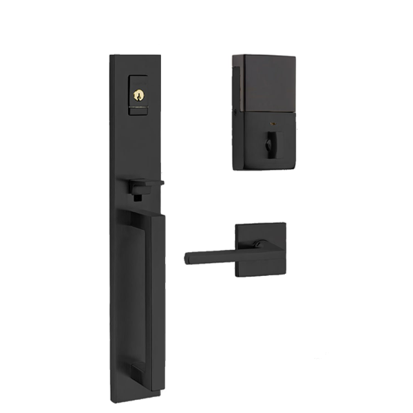 Baldwin Estate Evolved - 85392.BRENT - Minneapolis Escutcheon Full Handleset - Singl Cyl - Bluetooth - 190 - Satin Black - Grade 2 - RH - UHS Hardware