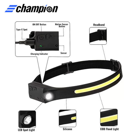 Champion - CP-H001 - Waterproof / Shockproof - 3W COB Rechargeable LED Headlamp Work Light - 350 Lumens Front COB / 150 Lumens Spot Light - 1200mAh Rechargeable Battery