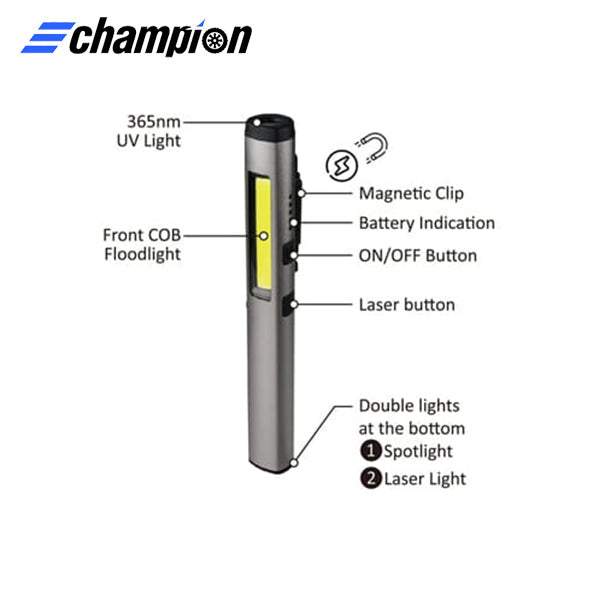 Champion - CP-R179 - 5W COB Rechargeable LED Pen Work Light w/ UV & Laser - 450 Lumens Side Light / 140 Lumens Tail Light - 800mAh Rechargeable Battery