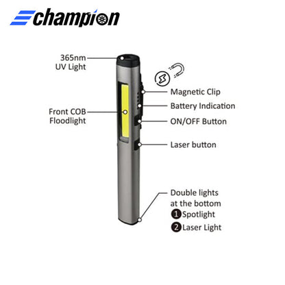 Champion - CP-R179 - 5W COB Rechargeable LED Pen Work Light w/ UV & Laser - 450 Lumens Side Light / 140 Lumens Tail Light - 800mAh Rechargeable Battery