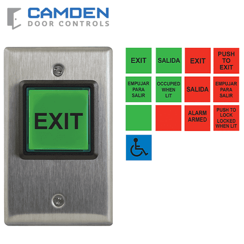 Camden CM-30U - Push/Exit Square Switch - LED Illuminated - w/ English & Spanish Insert Labels -12V-28V - UHS Hardware
