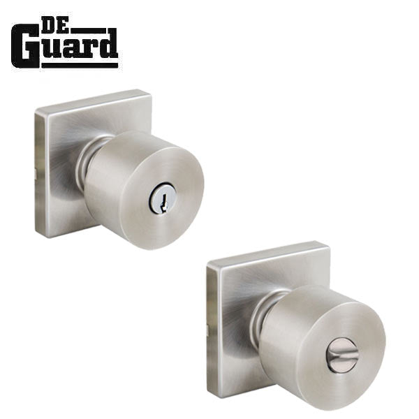 2x Contemporary Flat Ball Door Knob Set - Entrance - Square Rose - Satin Nickel - Grade 3  (KW1) (BUNDLE OF 2) (2 For 1) - UHS Hardware
