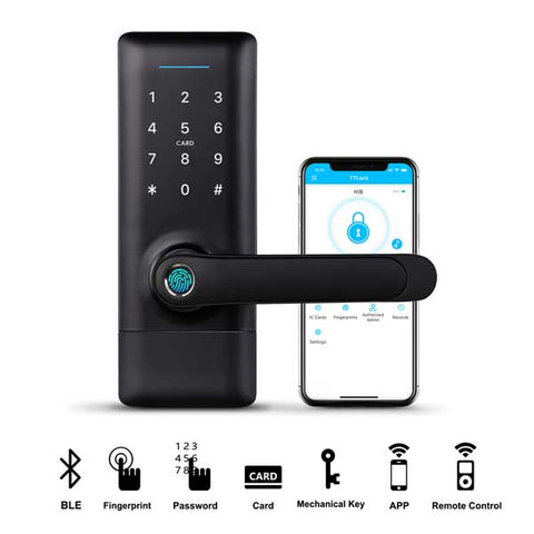 3 x DeGuard Pro - Premium Electronic Keyless Entry Smart Lever Set - H1B - Hotel / Multifamily - Bluetooth / Fingerprint / RFID / Wi-Fi - IP55 - Black (Pack of 3)