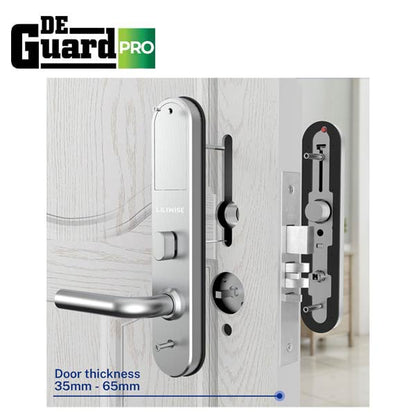 DeGuard Pro - Premium Electronic Keyless Entry Smart Mortise Lock - H85B - Hotel / Multifamily - Schlage Keyway - Bluetooth / Fingerprint / RFID / Wi-Fi - IP55 (Silver | Black)
