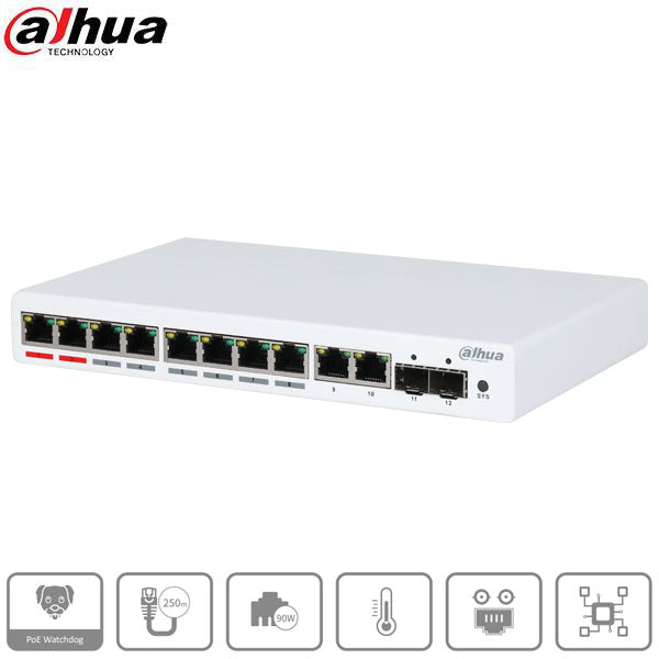 Dahua / PoE Ethernet Switch / 12-Port / 8-Port PoE / 250m PoE / Managed /  5 Year Warranty / DH-PFS4212-8GT-96 - UHS Hardware