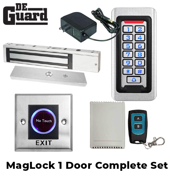 Complete Door Kit - Single Door Maglock 1200 lb w/ Stand Alone Keypad Controller - Wireless Remote Control Switch Kit - 12VDC Transformer & Contactless Door Exit Button - UHS Hardware
