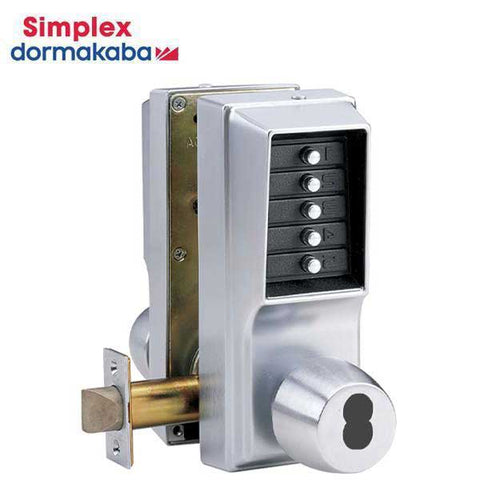 Simplex - EE1021M - Mechanical Pushbutton Cylindrical Knob Set Lock - Double Sided - Entry & Egress - LFIC - 2¾" Backset - Satin Chrome - UHS Hardware