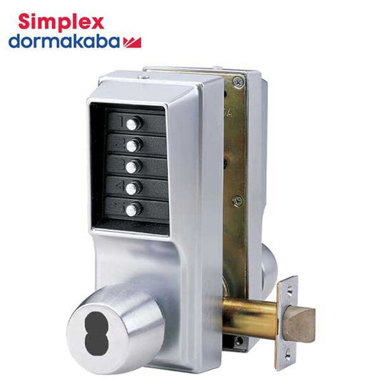 Simplex - EE1021M - Mechanical Pushbutton Cylindrical Knob Set Lock - Double Sided - Entry & Egress - LFIC - 2¾" Backset - Satin Chrome - UHS Hardware