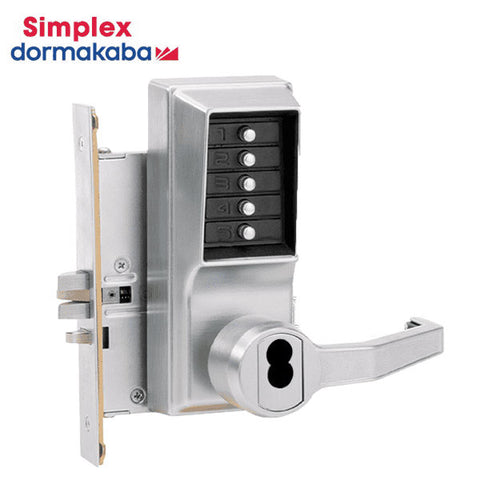 Simplex - RR8146 - Mechanical Pushbutton Mortise Lever Set - Combination/Passage/Lockout - SFIC - 2¾" Backset - Satin Chrome - RHR - UHS Hardware