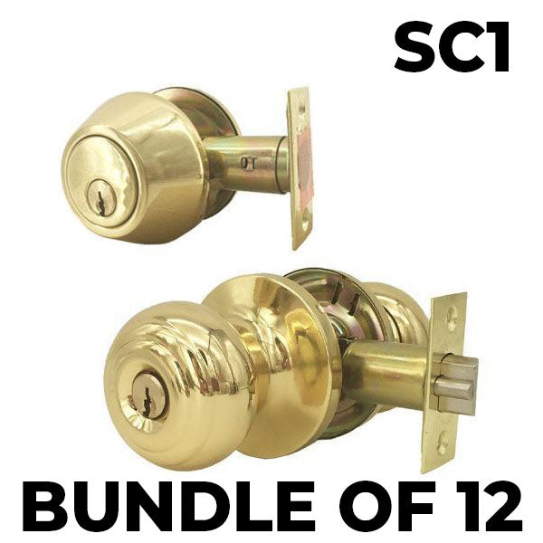 x12 Premium Combo Lockset - Knob & Deadbolt - Polished Brass - PB - SC1 (BUNDLE OF 12) - UHS Hardware