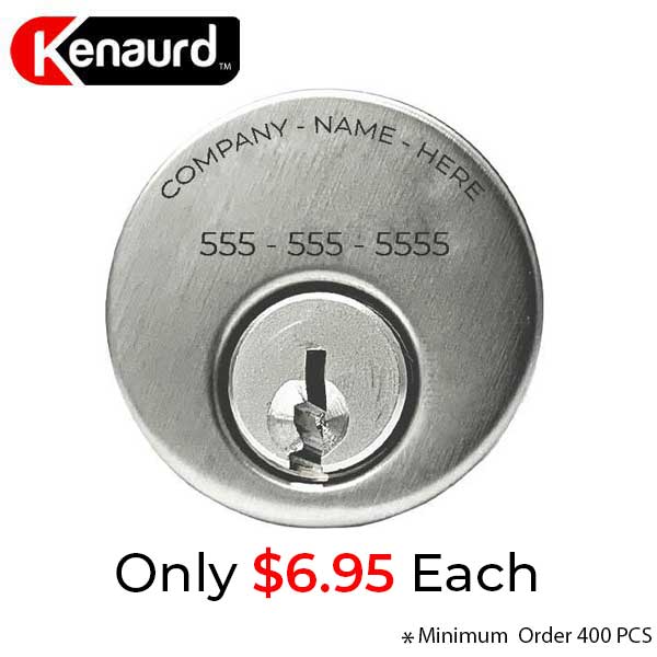 Custom Branded Premium Mortise Cylinder - w/ Name and Phone Number  - 1" - 26D - Satin Chrome - (SC1) - UHS Hardware