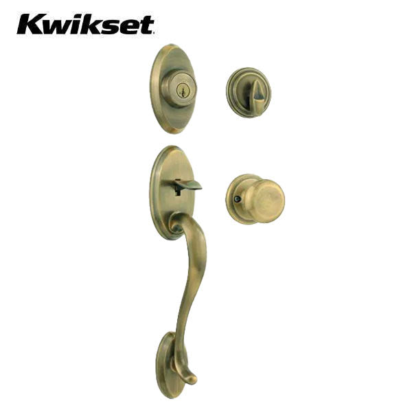 Kwikset - 800SEXJ - Shelburne Handleset w/ Juno Knob - Oval Rose - 5 - Antique Brass - Entrance - KW1 - SmartKey Technology - Grade 1 - UHS Hardware
