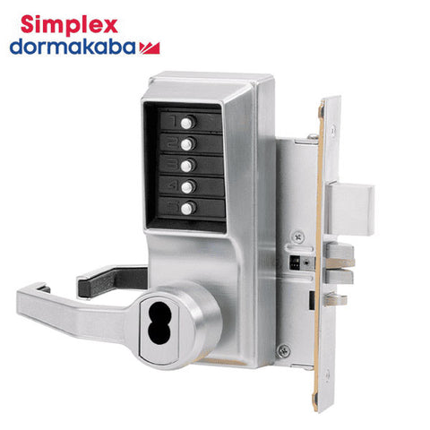 Simplex - LR8148 - Mechanical Pushbutton Mortise Lever Set with Deadbolt - Combination/Passage/Lockout - SFIC - 2¾" Backset - Satin Chrome - LHR - UHS Hardware