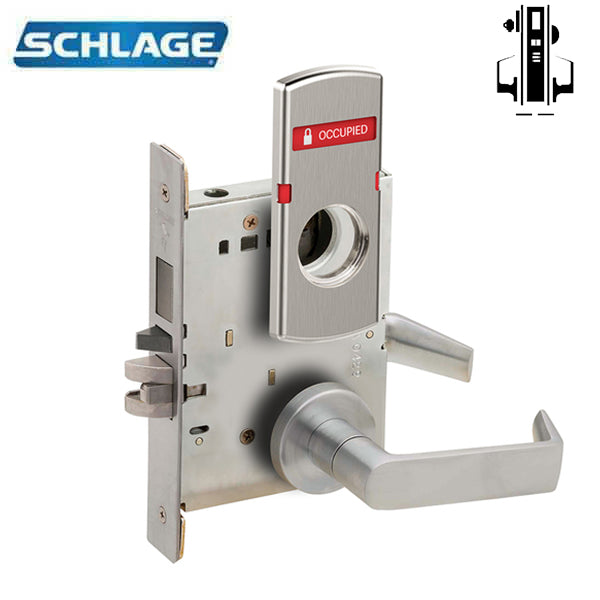 Schlage - L9485B - Less SFIC - L Series Mortise Lockset w/ Deadbolt - 26D - Satin Chrome - Faculty Restroom - Vacant / Occupied Indicator - Grade 1 - UHS Hardware