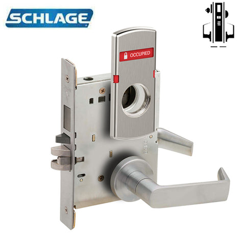 Schlage - L9485B - Less SFIC - L Series Mortise Lockset w/ Deadbolt - 26D - Satin Chrome - Faculty Restroom - Vacant / Occupied Indicator - Grade 1 - UHS Hardware