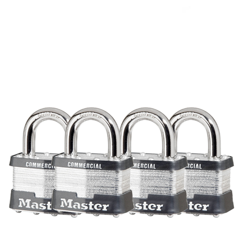 Master Lock - Padlock # 5 - 1-3/8" (51mm) Wide Laminated Steel - 2 " Shackle - Keyed Alike (4 Pack) - UHS Hardware