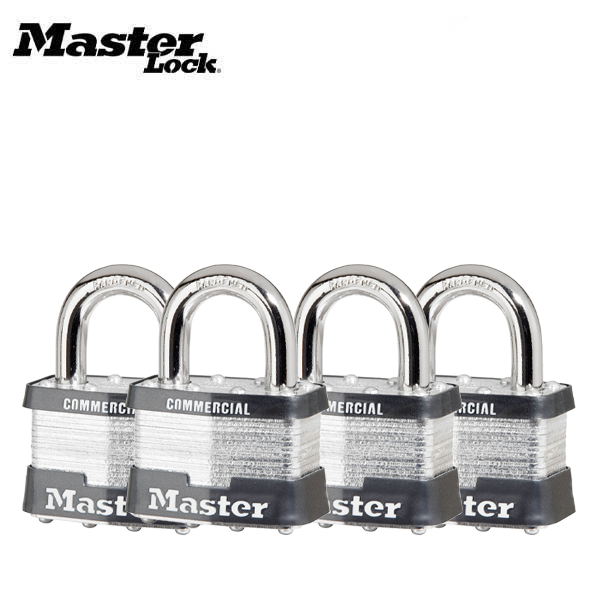 Master Lock - Padlock # 5 - 1-3/8" (51mm) Wide Laminated Steel - 2 " Shackle - Keyed Alike (4 Pack) - UHS Hardware