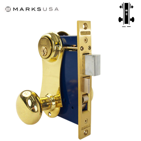 Marks USA - Series 21AC - Ornamental Iron Mortise Lockset - Double Cylinder - Backset: 2-1/2" - Entrance - Bright Brass - LH/RH - UHS Hardware
