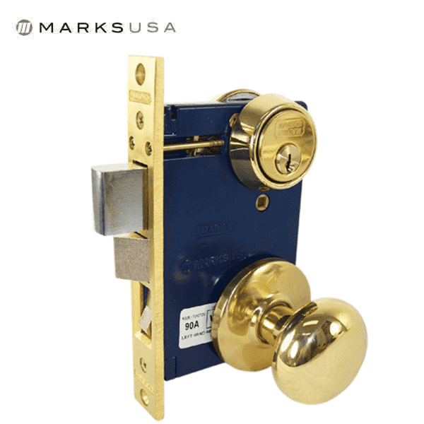 Marks USA - Series 22AC - Ornamental Iron Mortise Lockset - Double Cylinder - Backset 2-1/2" - Entrance - Bright Brass - LH/RH - UHS Hardware