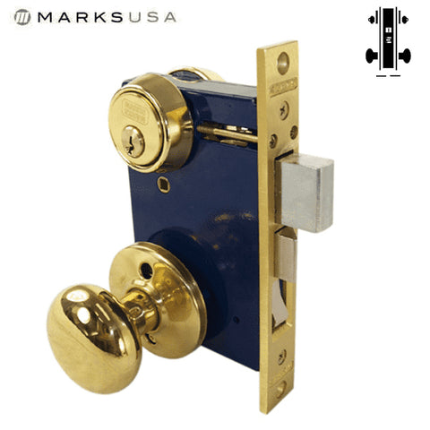 Marks USA - Series 22AC - Ornamental Iron Mortise Lockset - Double Cylinder - Backset 2-1/2" - 1"x7-1/8" Lock Front - Entrance - Bright Brass - LH/RH - UHS Hardware