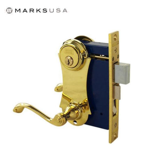 Marks USA - Series 9215AC - Ornamental Iron Mortise Lockset - Single Cylinder - Backset: 2-1/2" - Entrance - Bright Brass - LHR - UHS Hardware