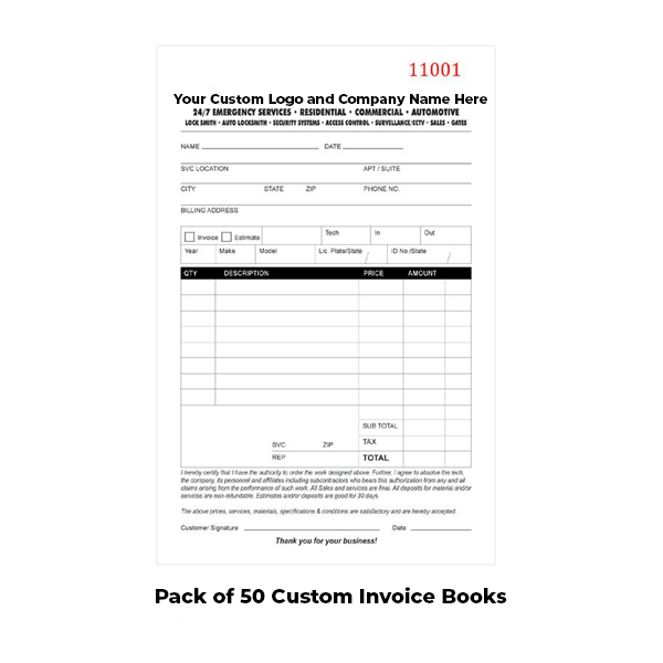 Custom Branded Locksmith Invoice / Receipt Books (50 Pack) - UHS Hardware