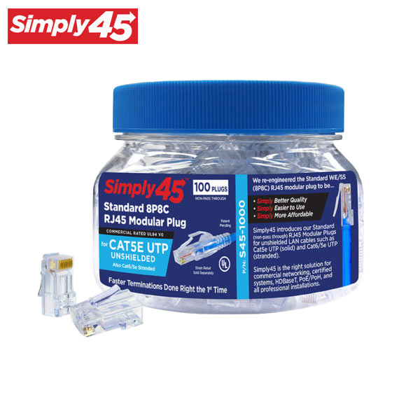 Simply45 - S45-1000 - Unshielded - Standard WE/SS (8P8C) RJ45 Modular Plugs - Blue Tint - Commercial Rated - for Cat5e UTP Solid / Cat5e/6 UTP Stranded - Jar of 100 - UHS Hardware