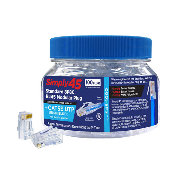 Simply45 - S45-1000 - Unshielded - Standard WE/SS (8P8C) RJ45 Modular Plugs - Blue Tint - Commercial Rated - for Cat5e UTP Solid / Cat5e/6 UTP Stranded - Jar of 100 - UHS Hardware