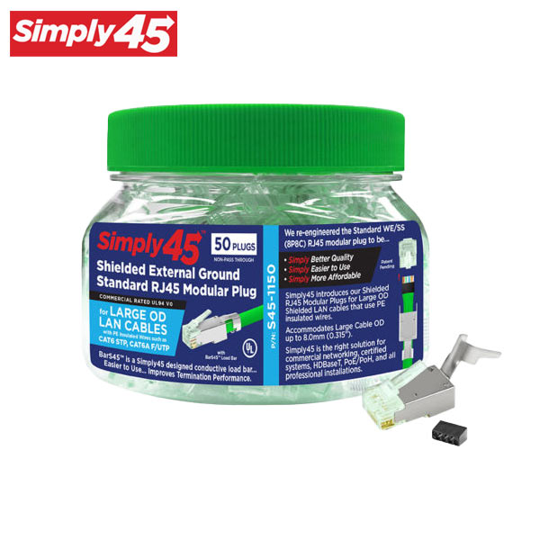 Simply45 - S45-1150 - Shielded - External Ground Standard WE/SS (8P8C) RJ45 Modular Plugs - Green Tint - Commercial Rated - w/ Bar45 Load Bar - for Large OD Cat6 STP / Cat6A F/UTP - Jar of 50 - UHS Hardware