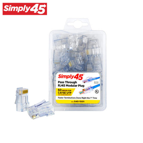 Simply45 - S45-1501 - Unshielded - Pass-Through RJ45 Modular Plugs - Blue Tint - Commercial Rated - for Cat5e UTP Solid / Cat5e/6 Stranded - Clamshell of 50 - UHS Hardware