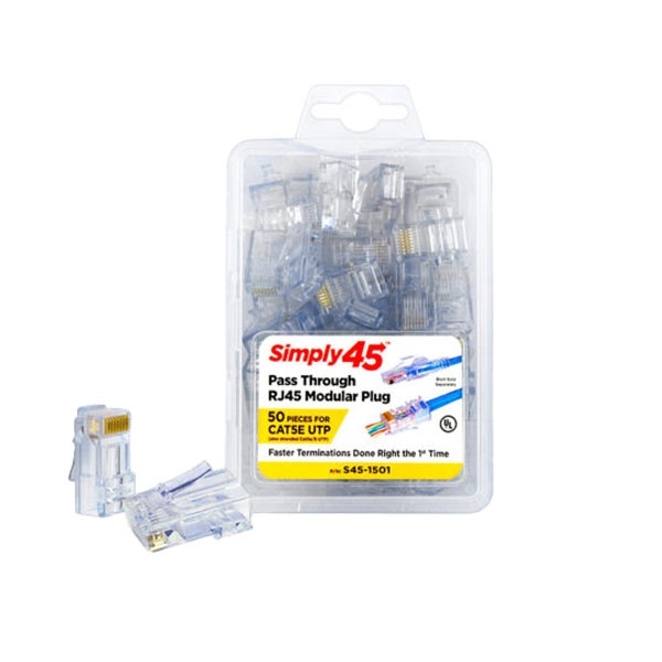 Simply45 - S45-1501 - Unshielded - Pass-Through RJ45 Modular Plugs - Blue Tint - Commercial Rated - for Cat5e UTP Solid / Cat5e/6 Stranded - Clamshell of 50 - UHS Hardware