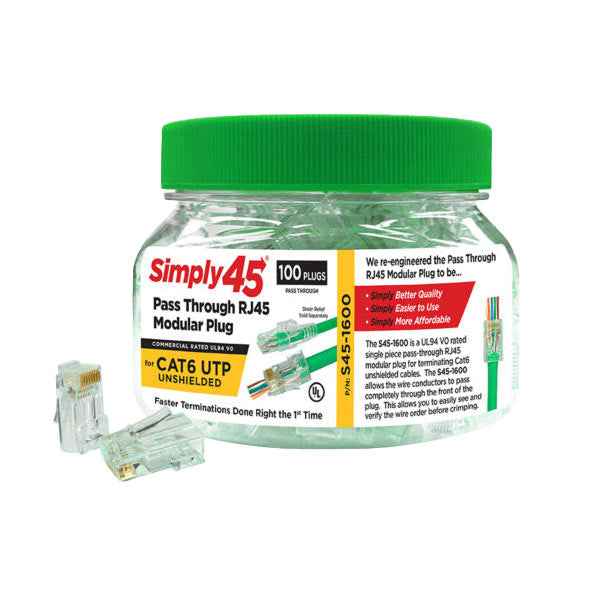 Simply45 - S45-1600 - Unshielded - Pass-Through RJ45 Modular Plugs - Green Tint - Commercial Rated - for Cat6 UTP Solid / Cat5e/6 UTP Stranded - Jar of 100 - UHS Hardware