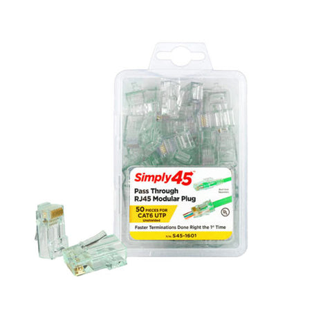 Simply45 - S45-1601 - Unshielded - Pass-Through RJ45 Modular Plugs - Green Tint - Commercial Rated - for Cat6 UTP Solid / Cat5e/6 UTP Stranded - Clamshell of 50 - UHS Hardware