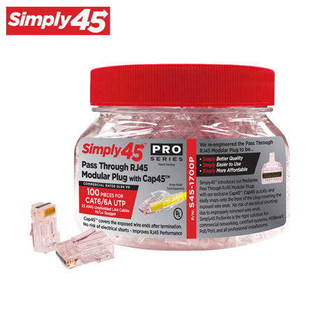 Simply45 - S45-1700P - ProSeries - Unshielded - Pass-Through RJ45 Modular Plugs - Red Tint - Commercial Rated - w/ Cap45 - for Cat6/6a UTP - Jar of 100 - UHS Hardware