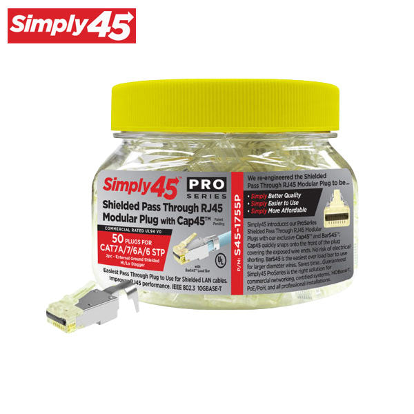 Simply45 - S45-1755P - ProSeries - Shielded - External Ground Pass-Through RJ45 Modular Plugs - Yellow Tint - Commercial Rated - w/ Bar45 + Cap45 - for Cat7a/7/6a/6 STP Solid - Jar of 50 - UHS Hardware