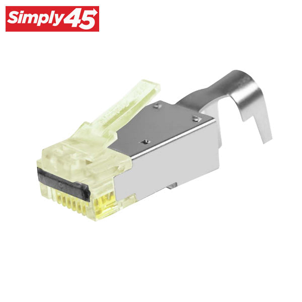 Simply45 - S45-1755P - ProSeries - Shielded - External Ground Pass-Through RJ45 Modular Plugs - Yellow Tint - Commercial Rated - w/ Bar45 + Cap45 - for Cat7a/7/6a/6 STP Solid - Jar of 50 - UHS Hardware