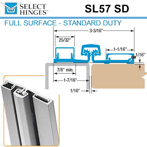 Select Hinges - 57 - 83" - Full Surface Hinge - Clear Aluminum - Standard Duty - UHS Hardware