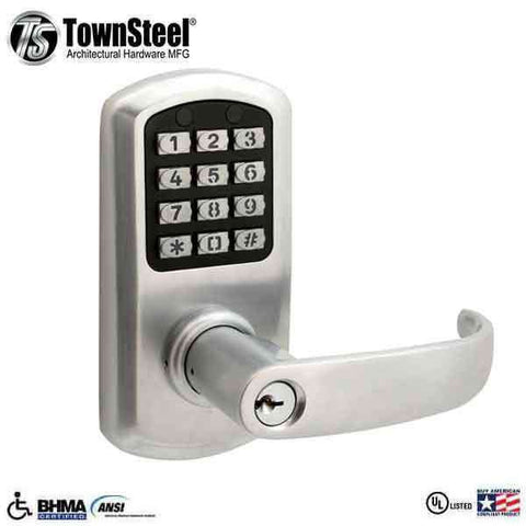 TownSteel - e-Elite 2010 - Electronic Push Button Lever Lock - 2-3/4″ Backset - Rigid Lever - Satin Chrome  - Key Override - Grade 1 - UHS Hardware