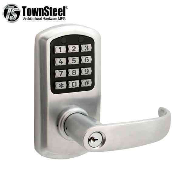 TownSteel - e-Elite 2010 - Electronic Push Button Lever Lock - 2-3/4″ Backset - Rigid Lever - Satin Chrome  - Key Override - Grade 1 - UHS Hardware