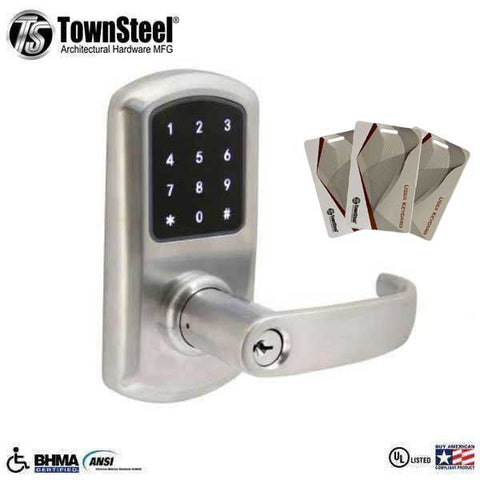 TownSteel - e-Elite 4010 - Electronic Push Button Lever Lock - RFID - 2-3/4″ Backset - Rigid Lever - Satin Chrome  - Key Override - Grade 1 - UHS Hardware