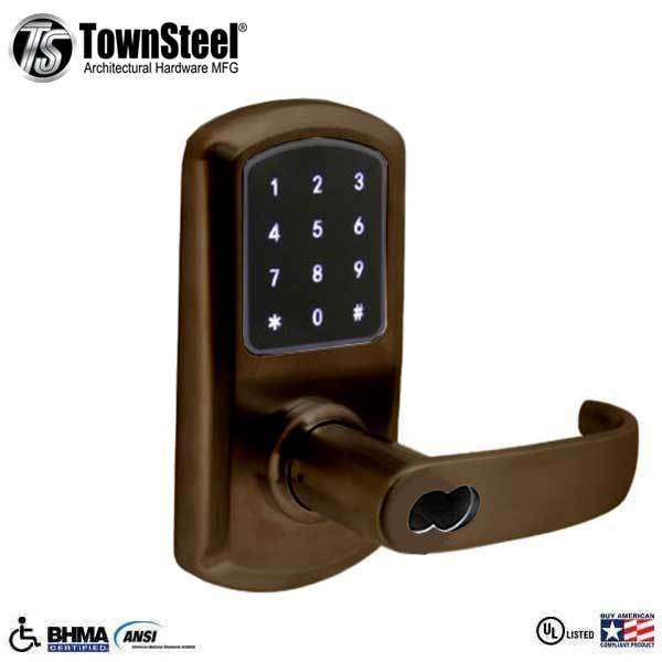 TownSteel - e-Elite 4010 - Electronic Push Button Lever Lock - RFID - IC Core (SFIC) - 2-3/4″ Backset - Rigid Lever - Oil Rubbed Bronze - Key Override - Grade 1 - UHS Hardware