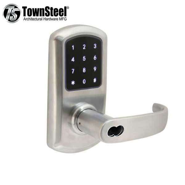 TownSteel - e-Elite 4010 - Electronic Push Button Lever Lock - RFID - IC Core (SFIC) - 2-3/4″ Backset - Rigid Lever - Satin Chrome  - Key Override - Grade 1 - UHS Hardware