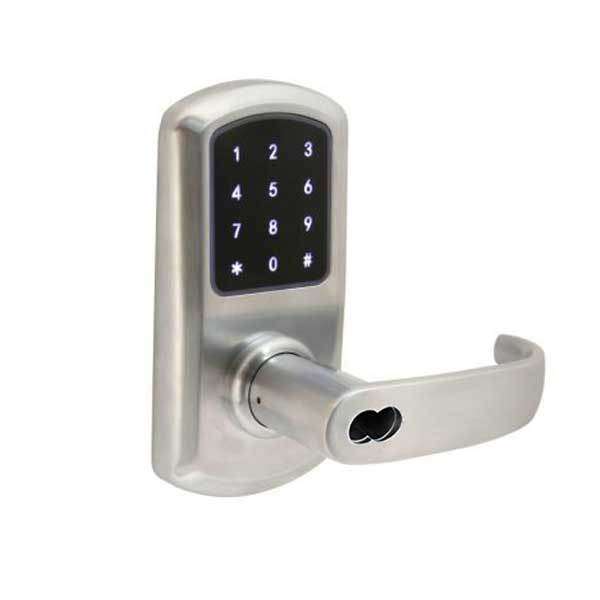 TownSteel - e-Elite 4010 - Electronic Push Button Lever Lock - RFID - IC Core (SFIC) - 2-3/4″ Backset - Rigid Lever - Satin Chrome  - Key Override - Grade 1 - UHS Hardware