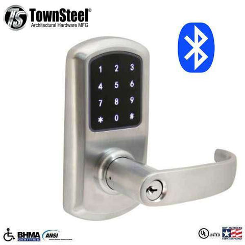 TownSteel - e-Elite 5010 - Electronic Push Button Lever Lock - Bluetooth - 2-3/4″ Backset - Rigid Lever - Satin Chrome  - Key Override - Grade 1 - UHS Hardware