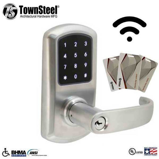 TownSteel - e-Elite 5010 - Electronic Push Button Lever Lock - WiFi - 2-3/4″ Backset - Rigid Lever - Satin Chrome  - Key Override - Grade 1 - UHS Hardware