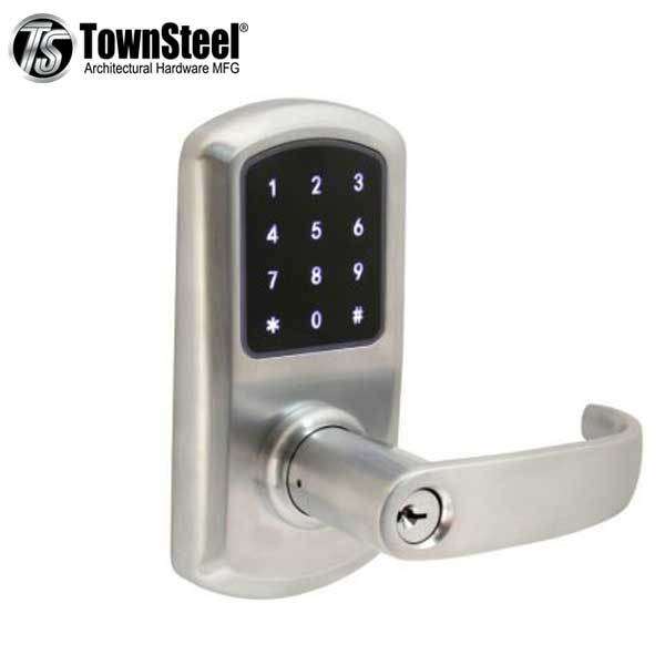 TownSteel - e-Elite 5010 - Electronic Push Button Lever Lock - Bluetooth - 2-3/4″ Backset - Rigid Lever - Satin Chrome  - Key Override - Grade 1 - UHS Hardware