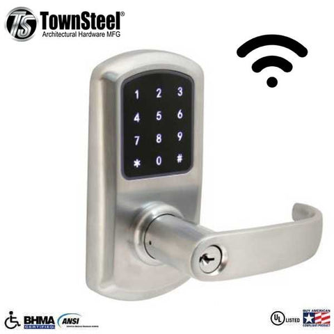 TownSteel - e-Elite 5010 - Electronic Push Button Lever Lock - WiFi - 2-3/4″ Backset - Rigid Lever - Satin Chrome  - Key Override - Grade 1 - UHS Hardware