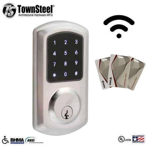 TownSteel - e-Smart 5000 - Electronic Push Button Deadbolt - WiFi - RFID - Key Override - Satin Chrome - Grade 2 - UHS Hardware